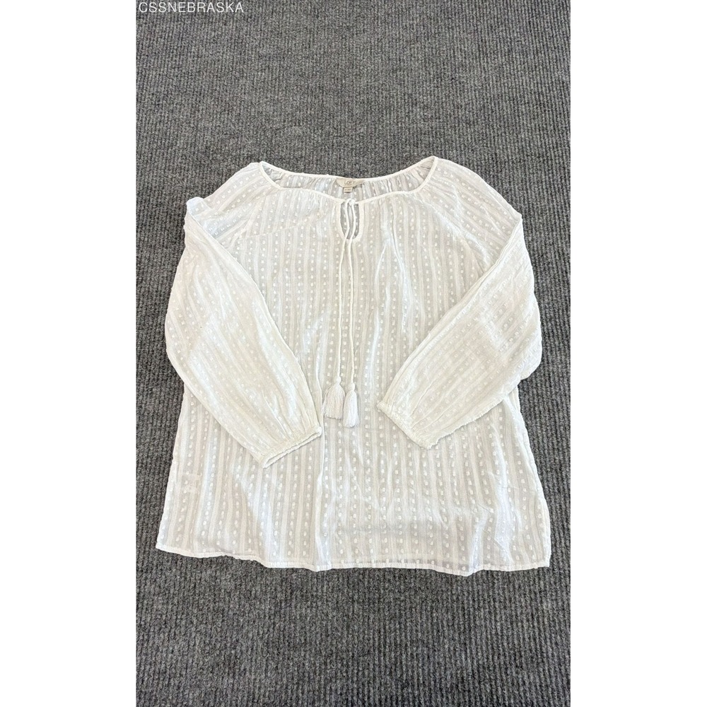LOFT Outlet White Swiss Dot Blouse Medium Tie Neck Sheer Peasant Boho M